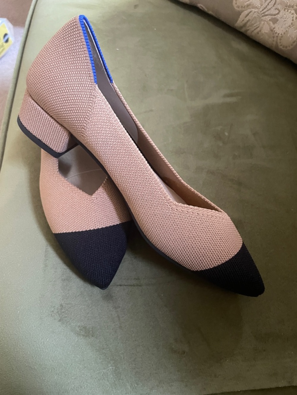Rothy's Two-Tone Pointed Knit Flats in Tan, Black & Blue Trim - Picture 2 of 3